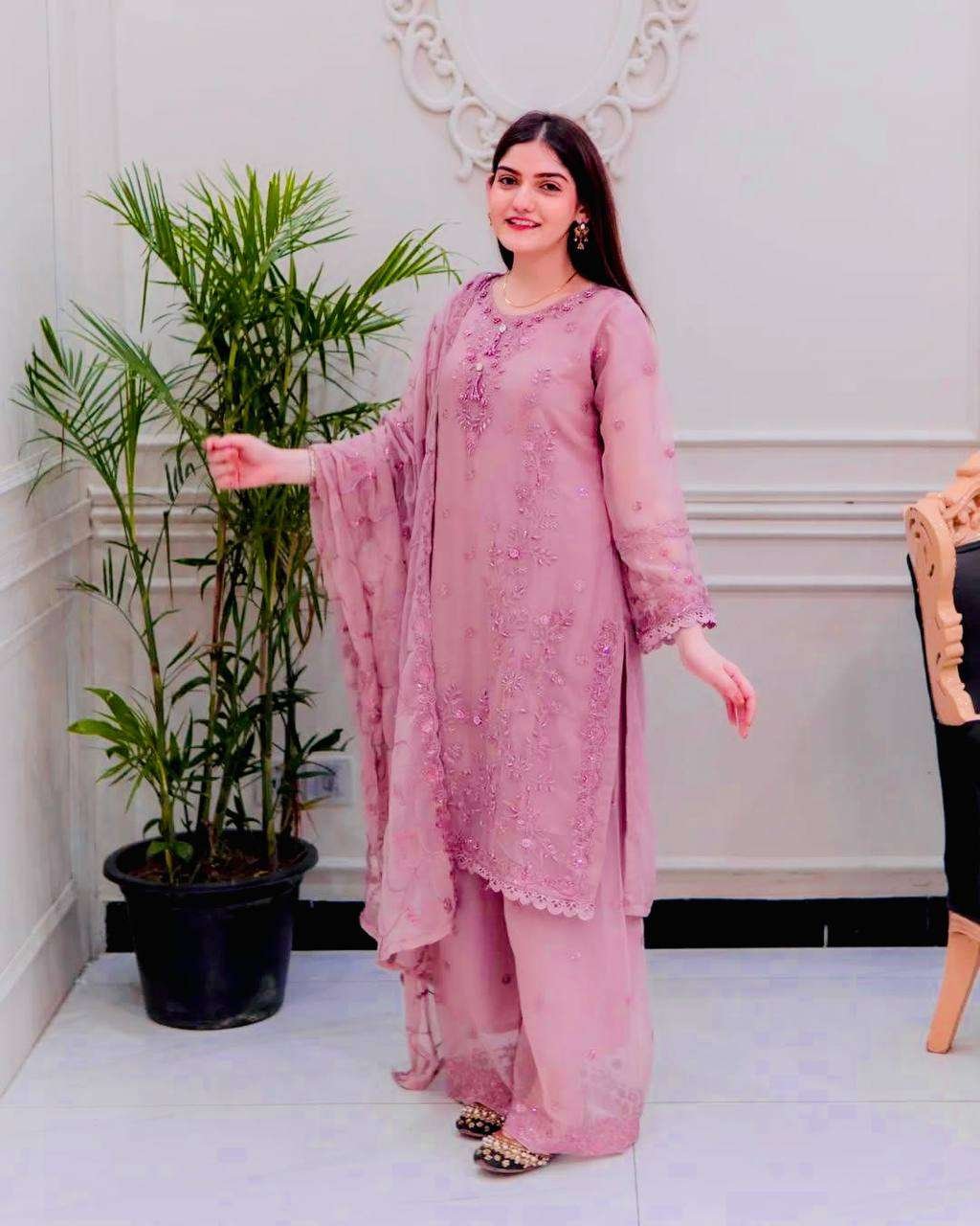Women's Faux Georgette Embroidery work Straight Kurti With Pant and Dupatta Set