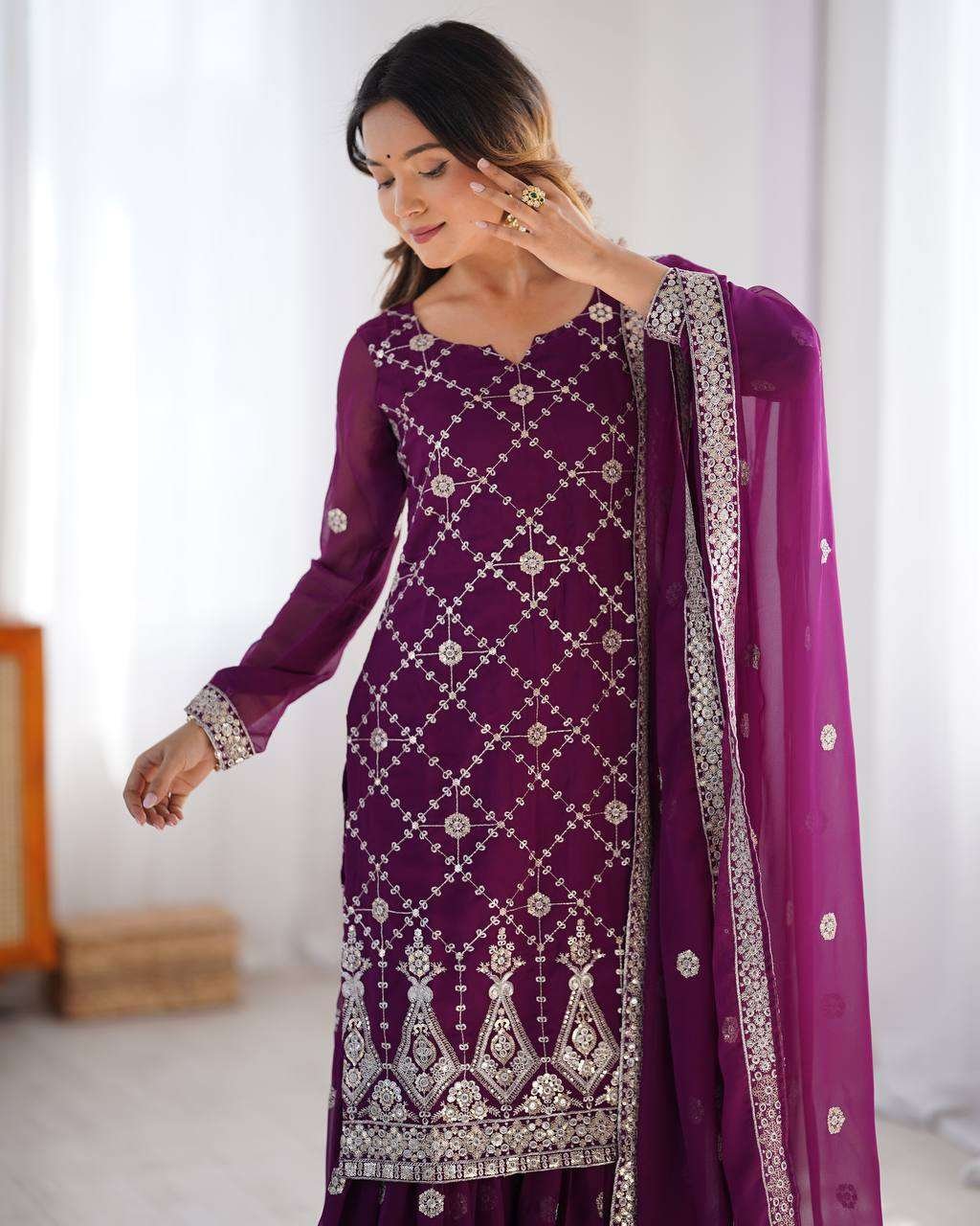 Women's Georgette Embroidery Work Straight Kurta With Sharara Suit and Dupatta Set - Image 6