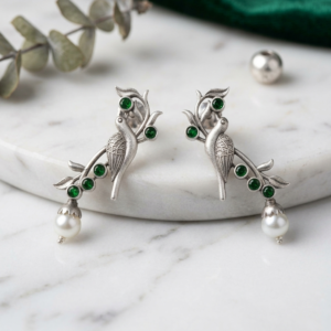 ShriAura Stud Earrings – Silver Bird Motif with Pearls