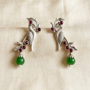 ShriAura Stud Earrings – Silver Bird Motif with Pearls